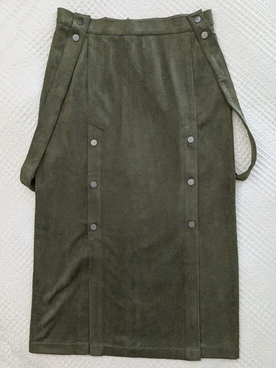 Designer Olive Burnt Stretch Pencil Skirt Velour-Like Heavy Fabric - Picture 2 of 8
